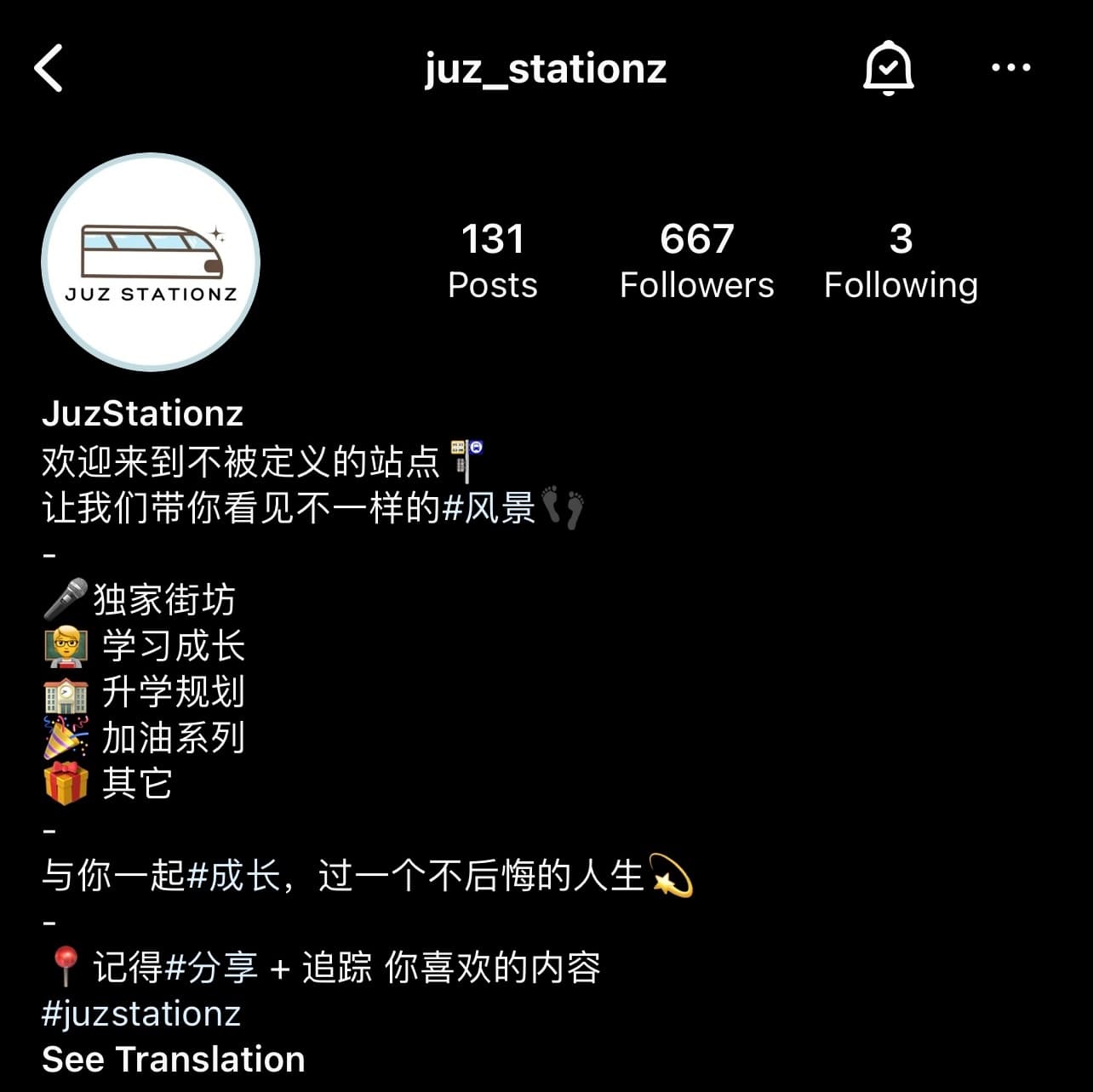 JuzStationz — the attempt to make the audience sticky beyond the utility. 131 posts, 667 followers.