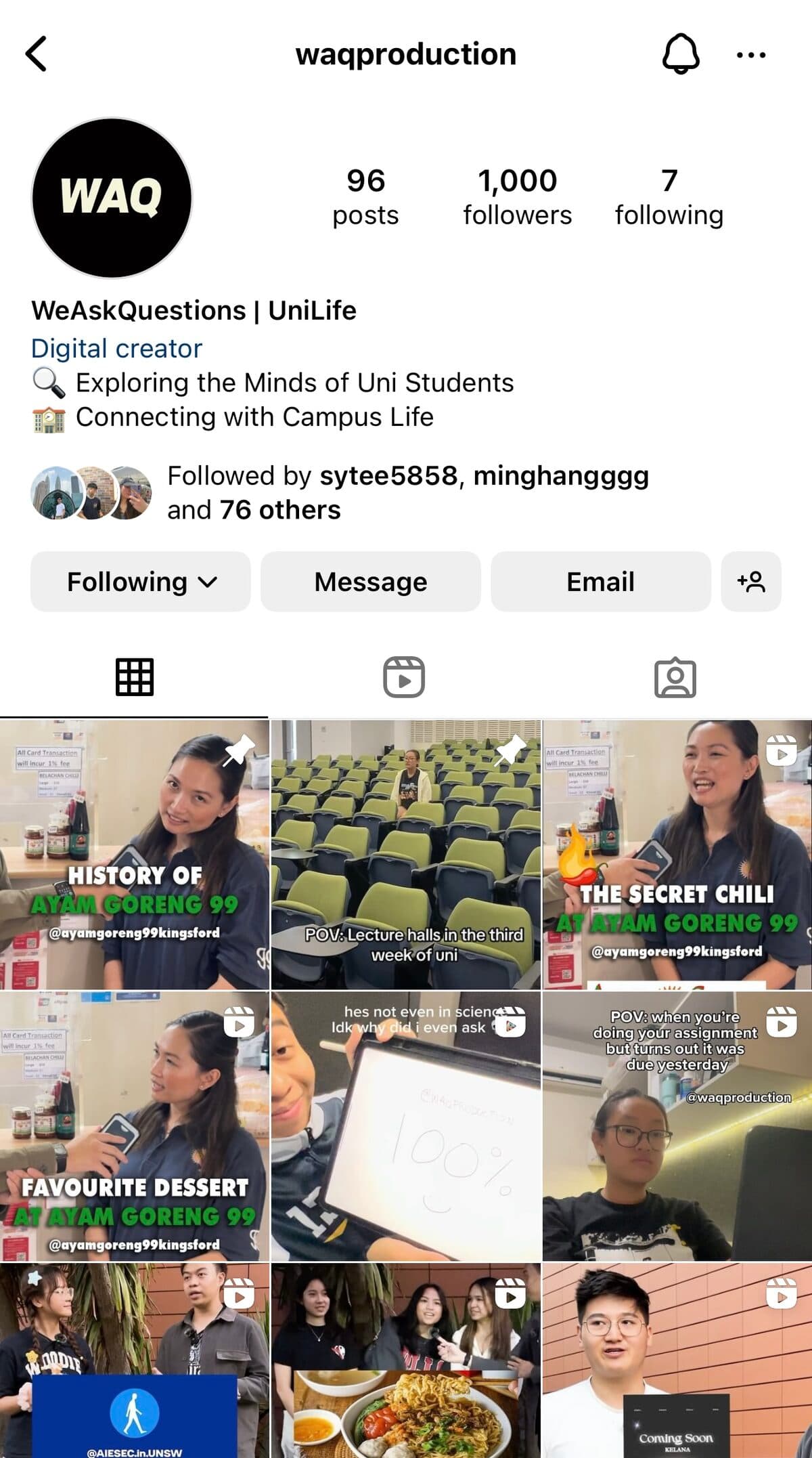 WAQ Production. The interview page I built at UNSW. 96 posts, 1,000 followers, the receipt I walked into Above Advisory with.